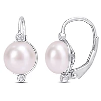 Miabella Freshwater Cultured Pearl and Diamond-Accent Sterling Silver Leverback Earrings