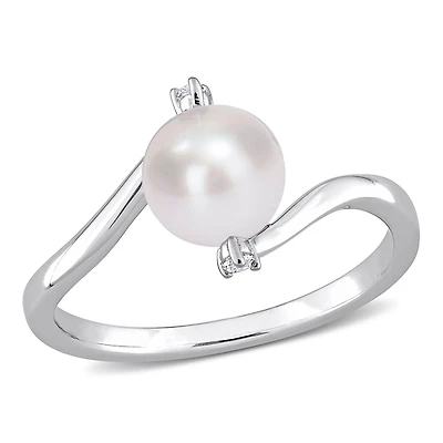 Miabella Freshwater Cultured Pearl and Created White Sapphire Sterling Silver Bypass Ring