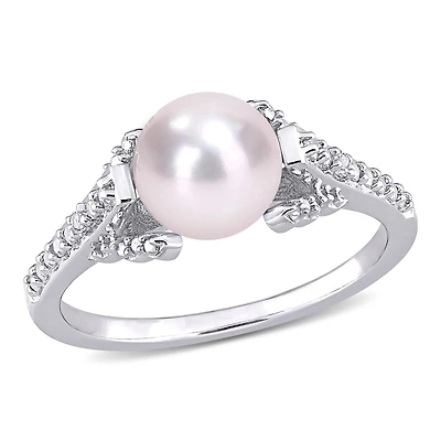 Miabella Freshwater Cultured Pearl and Diamond-Accent Sterling Silver Ring
