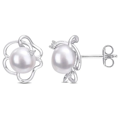 Boucles d'oreilles à florale Miabella en argent sterling avec perle culture d'eau douce et saphir blanc synthétique