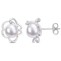 Boucles d'oreilles à florale Miabella en argent sterling avec perle culture d'eau douce et saphir blanc synthétique