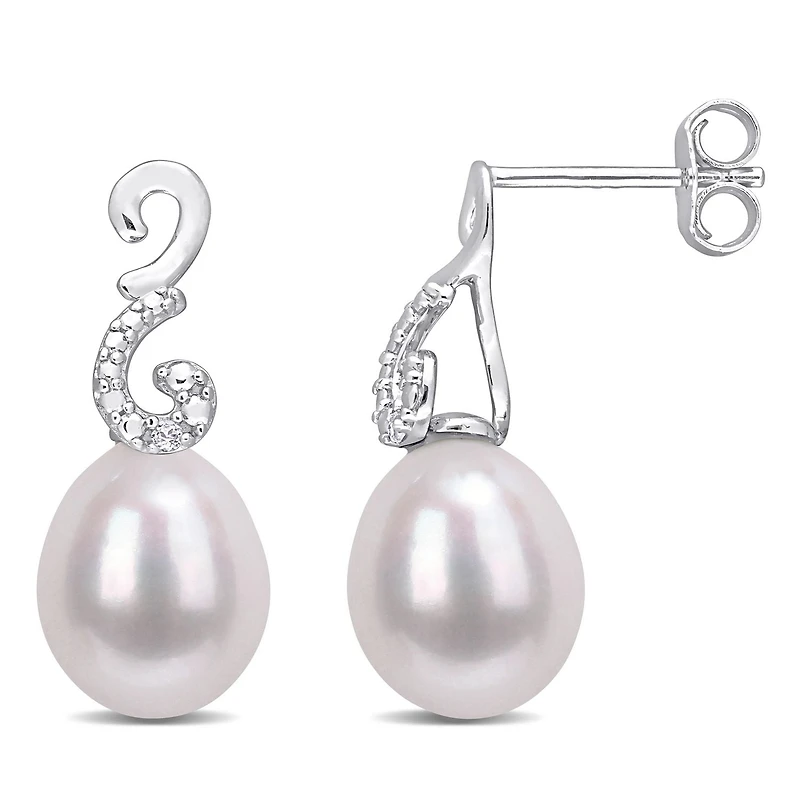 Miabella Freshwater Cultured Pearl and Diamond Accent Sterling Silver Swirl Drop Earrings