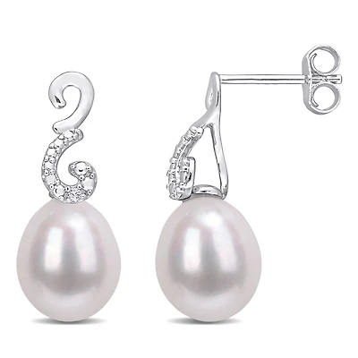 Miabella Freshwater Cultured Pearl and Diamond Accent Sterling Silver Swirl Drop Earrings