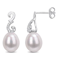 Miabella Freshwater Cultured Pearl and Diamond Accent Sterling Silver Swirl Drop Earrings
