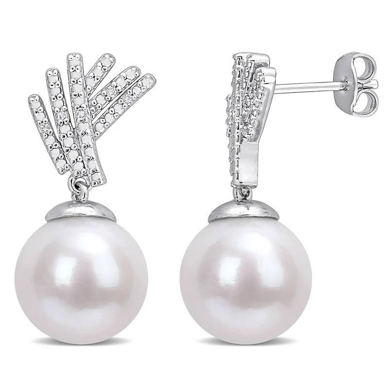 Miabella Freshwater Cultured Pearl Diamond Accent Sterling Silver Drop Earrings