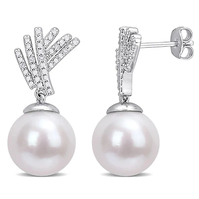 Miabella Freshwater Cultured Pearl Diamond Accent Sterling Silver Drop Earrings