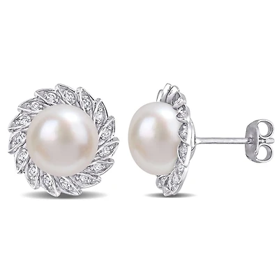 Miabella Freshwater Cultured Pearl and 1/3 Carat T.G.W. Created White Sapphire Sterling Silver Floral Vintage Stud Earrings