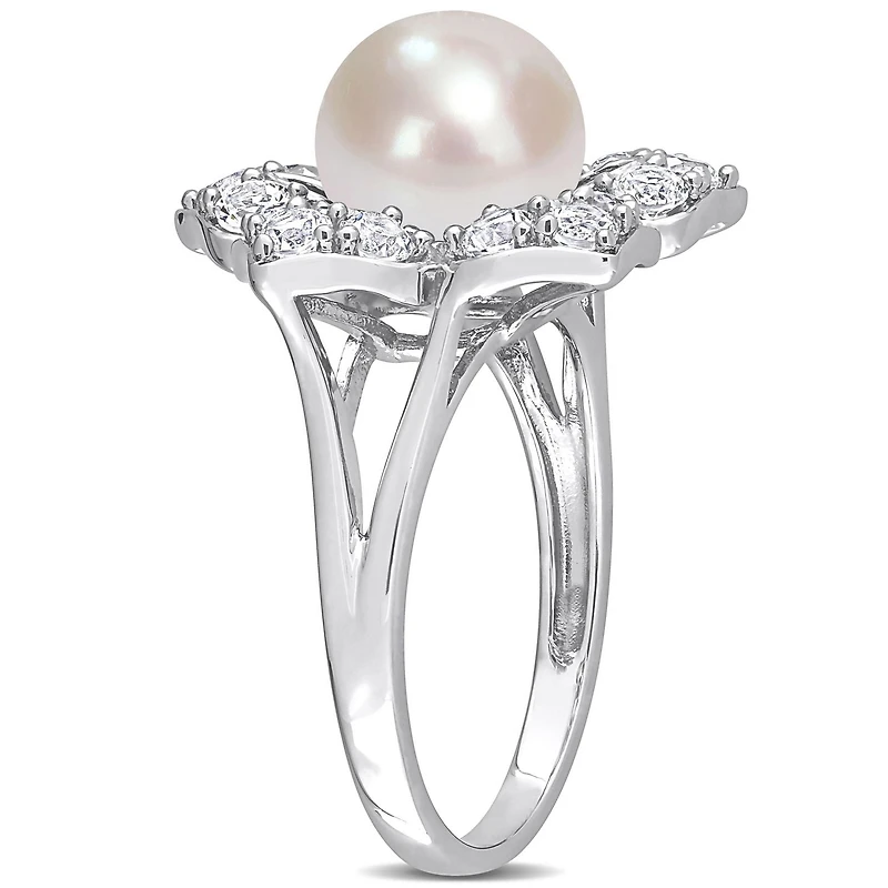 Miabella Freshwater Cultured Pearl and 1-1/3 Carat T.G.W. Created White Sapphire Sterling Silver Floral Ring