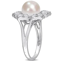 Miabella Freshwater Cultured Pearl and 1-1/3 Carat T.G.W. Created White Sapphire Sterling Silver Floral Ring
