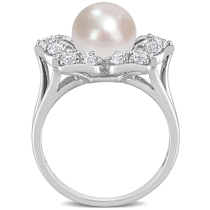 Miabella Freshwater Cultured Pearl and 1-1/3 Carat T.G.W. Created White Sapphire Sterling Silver Floral Ring