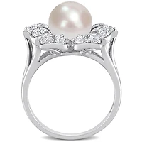 Miabella Freshwater Cultured Pearl and 1-1/3 Carat T.G.W. Created White Sapphire Sterling Silver Floral Ring