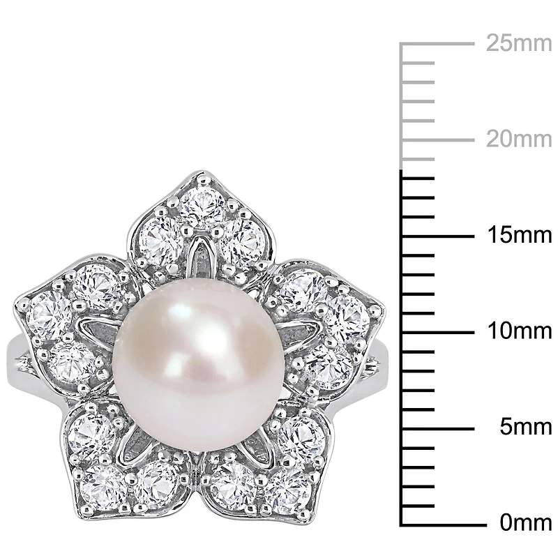 Miabella Freshwater Cultured Pearl and 1-1/3 Carat T.G.W. Created White Sapphire Sterling Silver Floral Ring