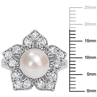 Miabella Freshwater Cultured Pearl and 1-1/3 Carat T.G.W. Created White Sapphire Sterling Silver Floral Ring