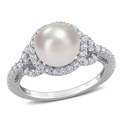 Bague halo Miabella en argent sterling avec perles d'eau douce culture et topaze blanche 3/4 carat p.t.