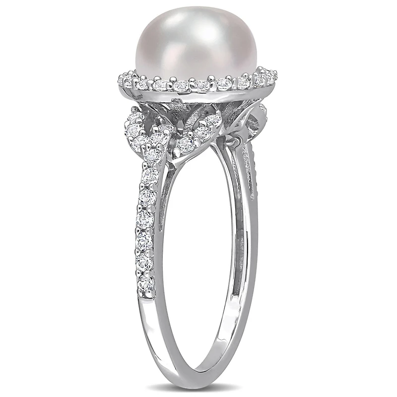 Bague halo Miabella en argent sterling avec perles d'eau douce culture et topaze blanche 3/4 carat p.t.