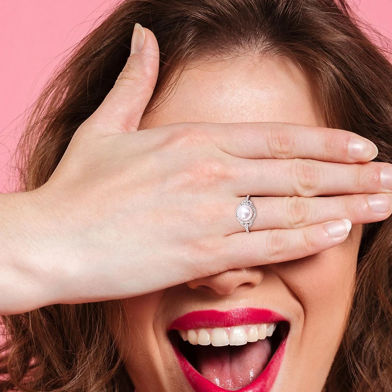 Bague halo Miabella en argent sterling avec perles d'eau douce culture et topaze blanche 3/4 carat p.t.