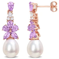 Miabella Cultured Freshwater Pearl Rose de France Amethyst and White Topaz 18kt Rose Gold Plated Sterling Silver Floral Cluster Drop Earrings