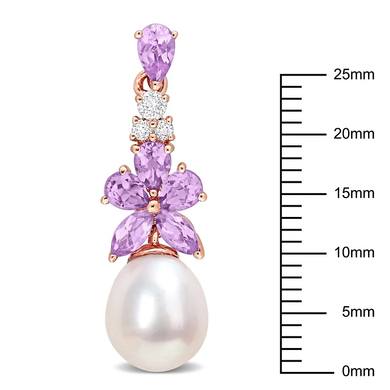 Miabella Cultured Freshwater Pearl Rose de France Amethyst and White Topaz 18kt Rose Gold Plated Sterling Silver Floral Cluster Drop Earrings