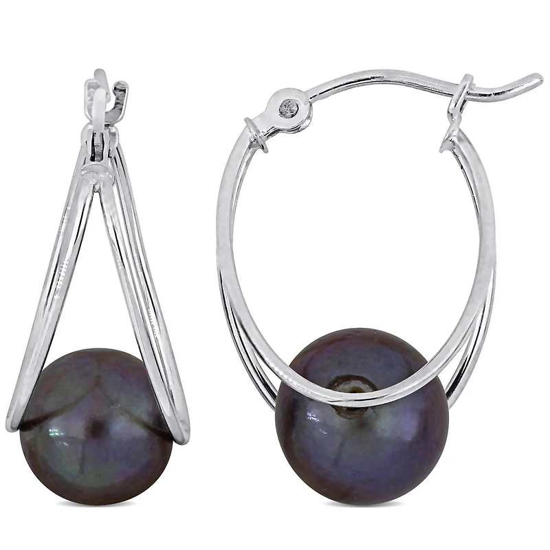 Miabella Black Freshwater Cultured Pearl 10K White Gold Open Hoop Earrings