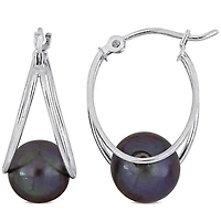 Miabella Black Freshwater Cultured Pearl 10K White Gold Open Hoop Earrings