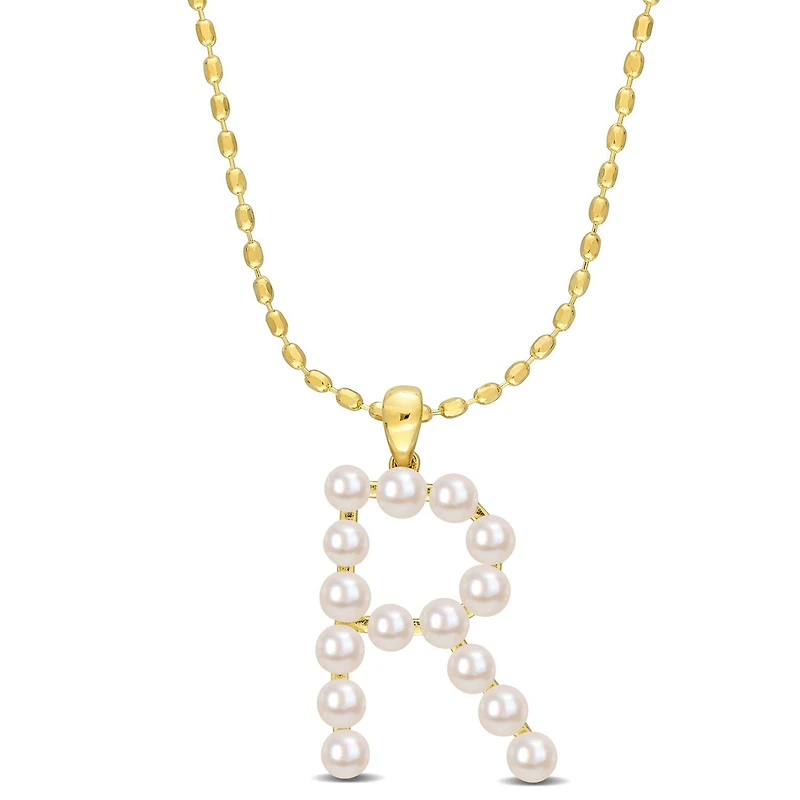 Miabella Cultured Freshwater Pearl Yellow Plated Sterling Silver Initial Necklace