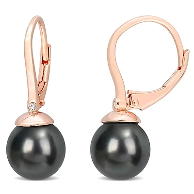 Miabella Tahitian Cultured Pearl and Diamond Accent Rose Gold Flash Plated Sterling Silver Leverback Earrings