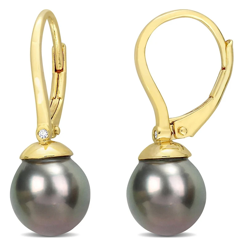 Miabella Tahitian Cultured Pearl and Diamond Accent Yellow Gold Flash Plated Sterling Silver Leverback Earrings