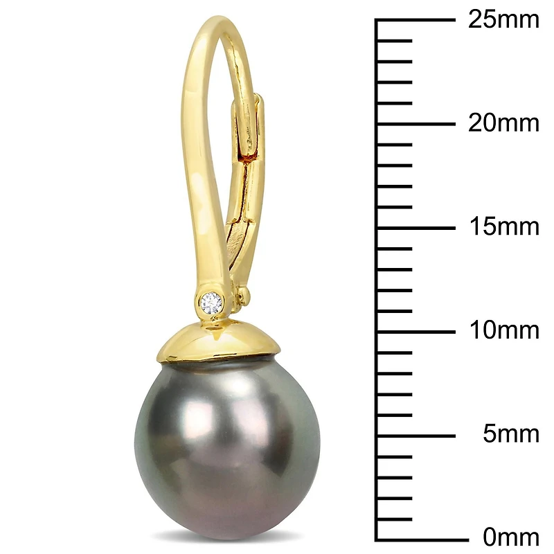 Miabella Tahitian Cultured Pearl and Diamond Accent Yellow Gold Flash Plated Sterling Silver Leverback Earrings
