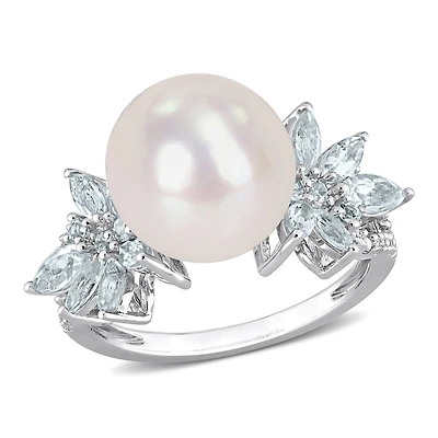 Bague fleur Miabella en argent sterling avec perles culture d'eau douce aigue-marine et diamant 1/10 CT P.T.