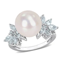 Bague fleur Miabella en argent sterling avec perles culture d'eau douce aigue-marine et diamant 1/10 CT P.T.
