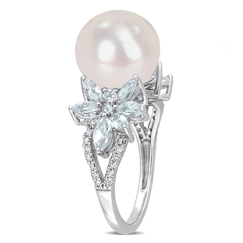Bague fleur Miabella en argent sterling avec perles culture d'eau douce aigue-marine et diamant 1/10 CT P.T.