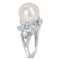 Bague fleur Miabella en argent sterling avec perles culture d'eau douce aigue-marine et diamant 1/10 CT P.T.