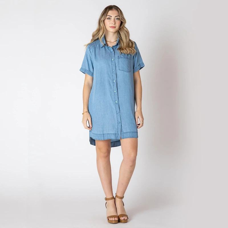 Devoted short sleeve denim mini dress