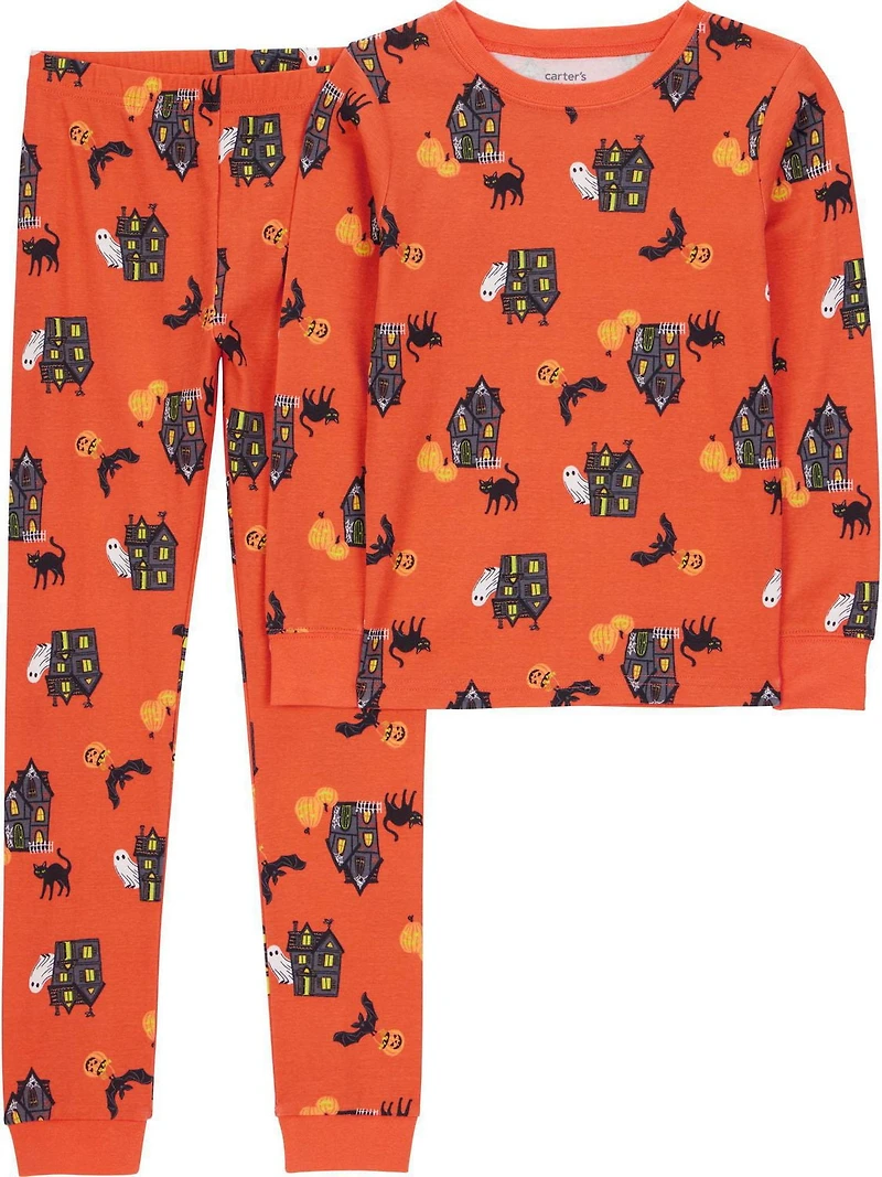 Carter's Child of Mine Big Kid Unisex 2-Piece Pajama - Orange Haunted House, Sizes: 5-12