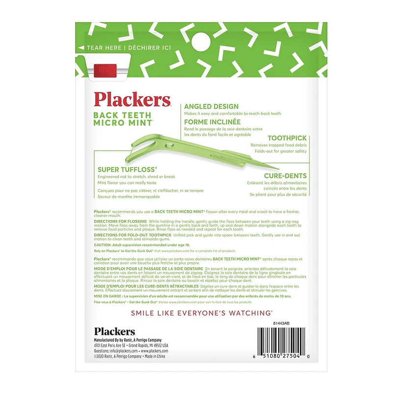 Soie dentaire Plackers à saveur de menthe Paq. de 150