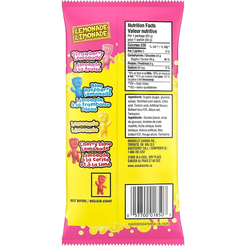 Friandises SOUR PATCH KIDS à saveur de limonade, surets, puis sucrés, Préparé au Canada 60 g