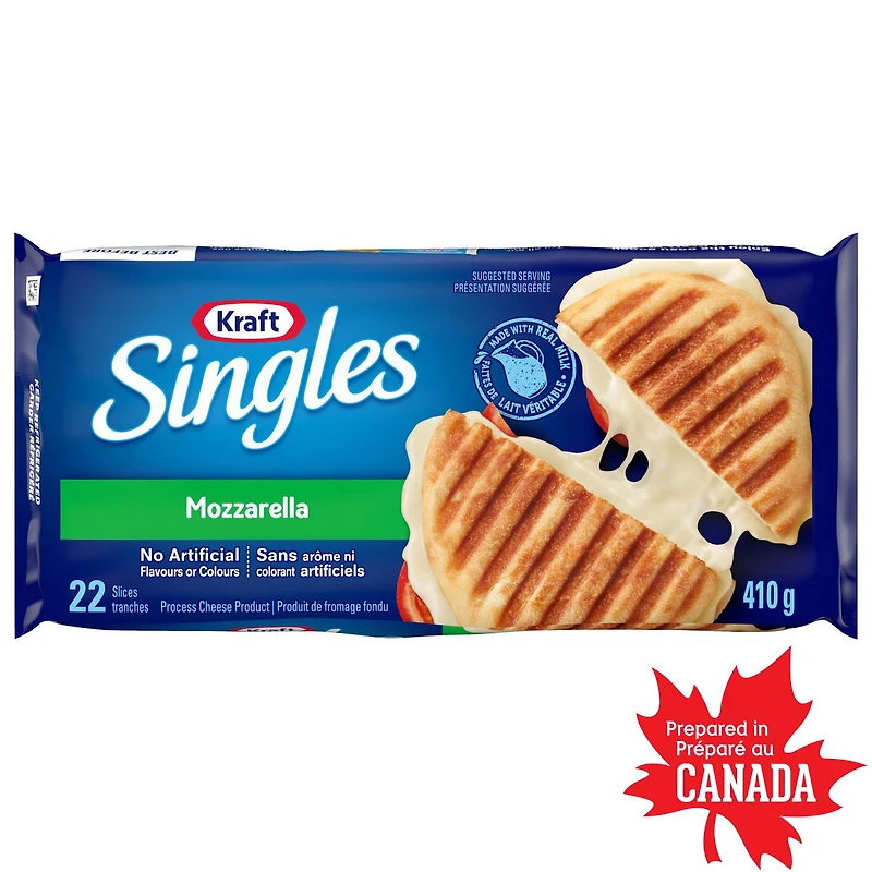 Tranches de fromage fondu Mozzarella Singles Kraft 410g, 22 Tranches