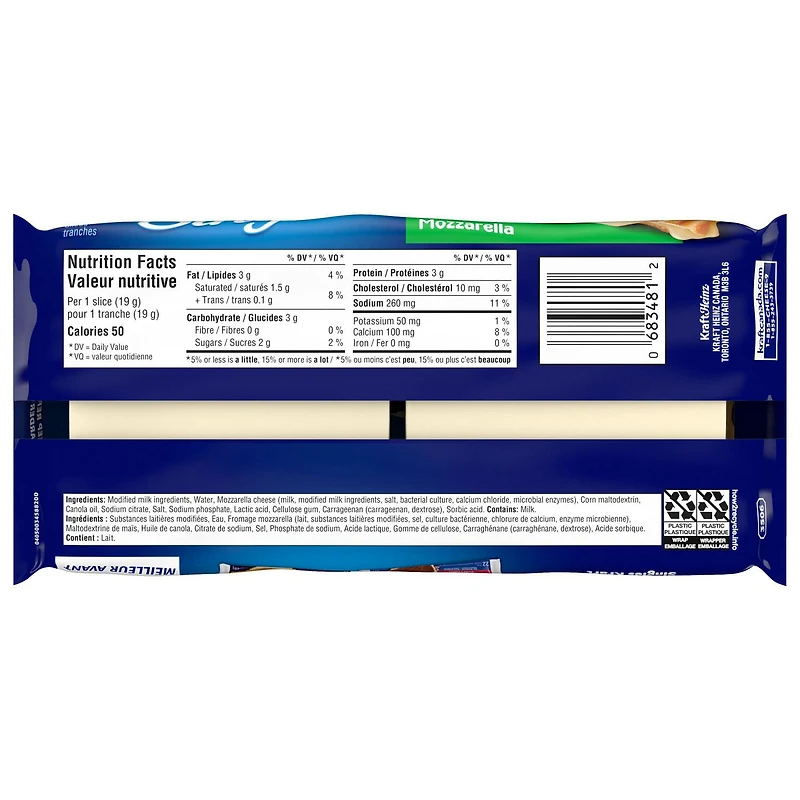 Tranches de fromage fondu Mozzarella Singles Kraft 410g, 22 Tranches