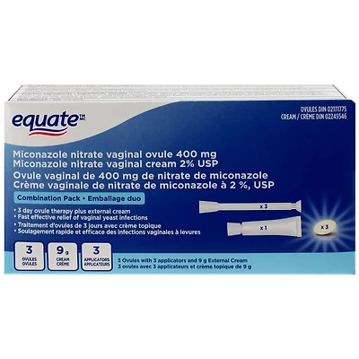 Equate Miconazole nitrate vaginal ovule 400 mg, Miconazole nitrate vaginal cream 2% USP, 3 DAY OVULE THERAPY plus EXTERNAL CREAM