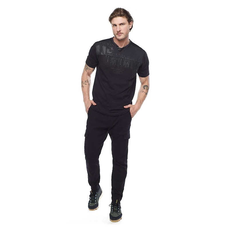 Dark Black Men's Short-Sleeve Graphic Henley T-Shirt