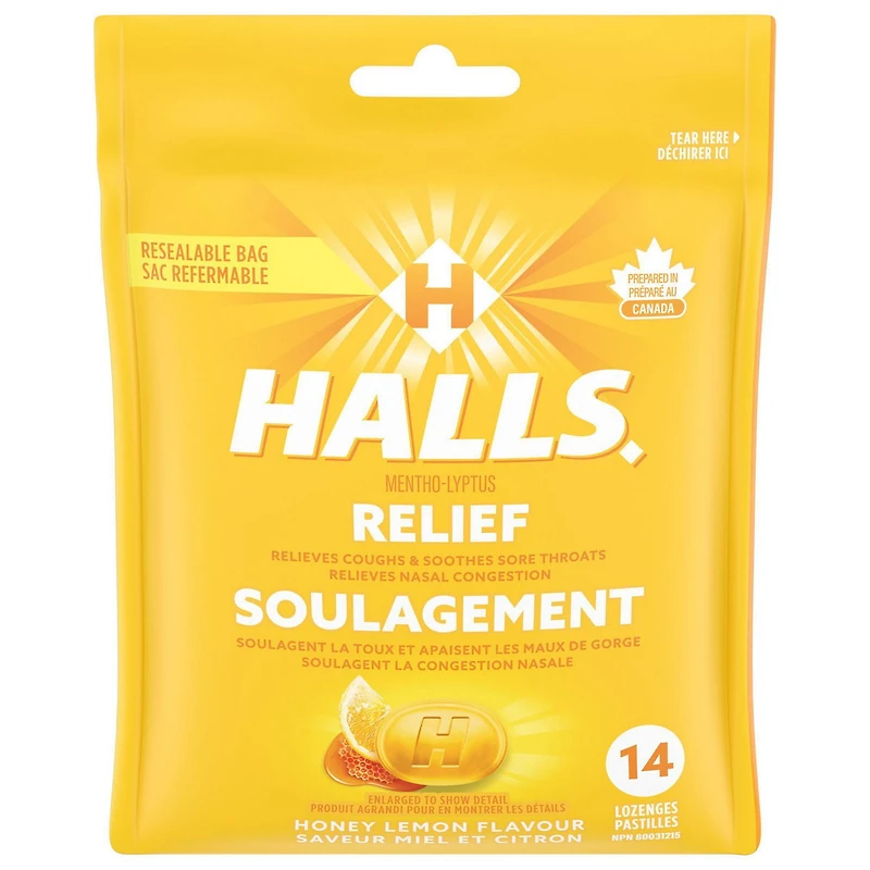 HALLS Mentho-Lyptus Miel et citron, sac de, Préparé au Canada 14 pastilles