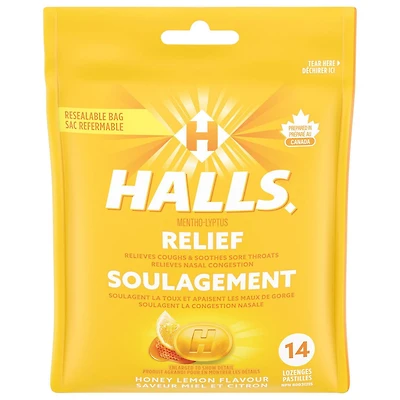 HALLS Mentho-Lyptus Miel et citron, sac de, Préparé au Canada 14 pastilles
