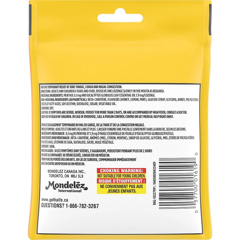 HALLS Mentho-Lyptus Miel et citron, sac de, Préparé au Canada 14 pastilles
