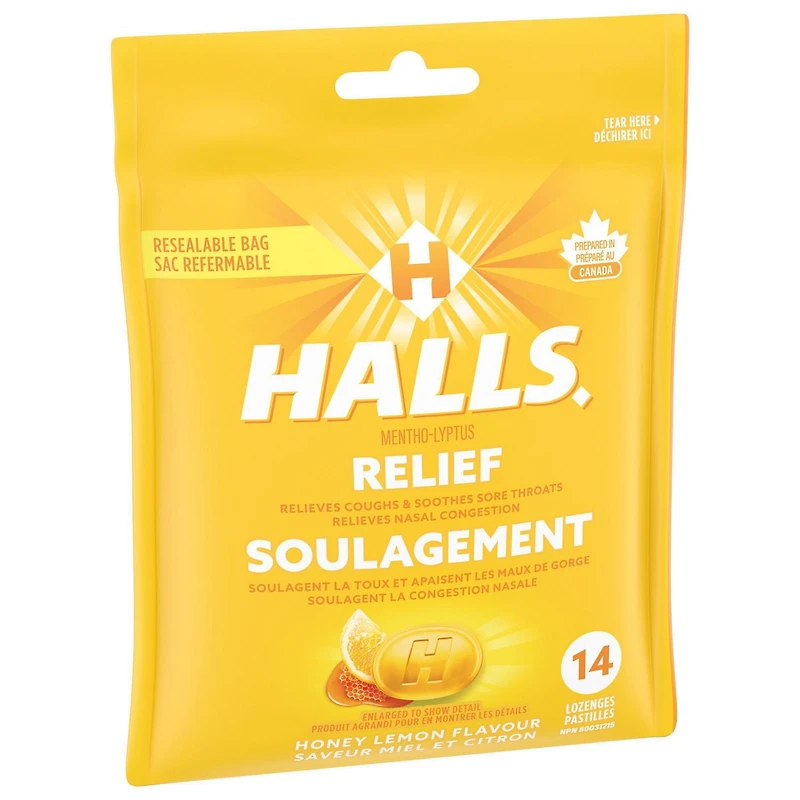 HALLS Mentho-Lyptus Miel et citron, sac de, Préparé au Canada 14 pastilles