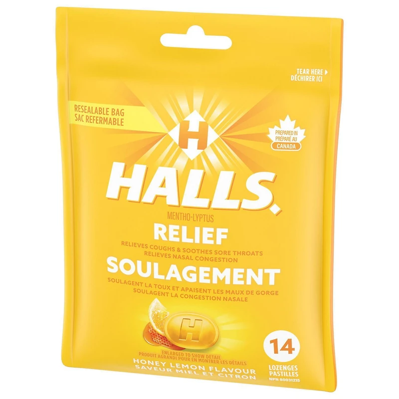 HALLS Mentho-Lyptus Miel et citron, sac de, Préparé au Canada 14 pastilles