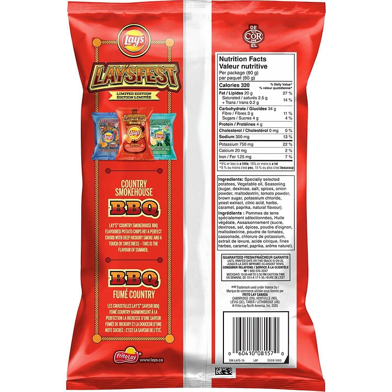 Lay's Country Smokehouse BBQ Flavoured Potato Chips, 60 g.
