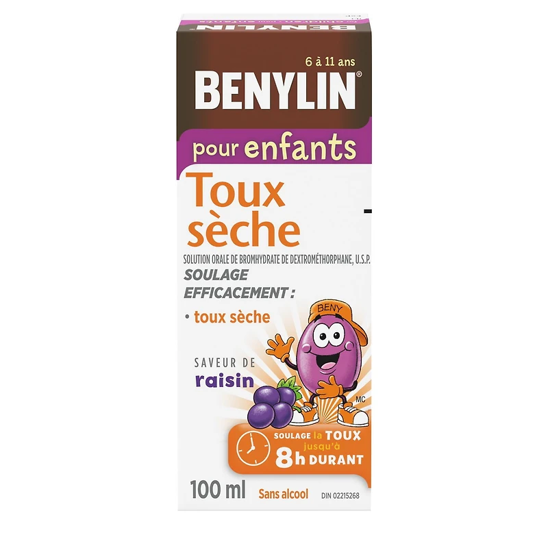 BENYLIN® Children's Dry Cough Syrup, Relieves Dry Cough, 100mL, Grape Flavour, Alcohol Free, For ages 6-11yrs, 100 mL