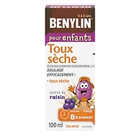 BENYLIN® Children's Dry Cough Syrup, Relieves Dry Cough, 100mL, Grape Flavour, Alcohol Free, For ages 6-11yrs, 100 mL