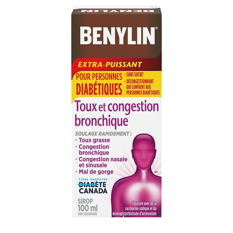 Benylin Extra Strength Cough & Chest Congestion Syrup, Suitable for People with Diabetes, Sucrose Free, Relieves Cough & Nasal Congestion, 100 mL