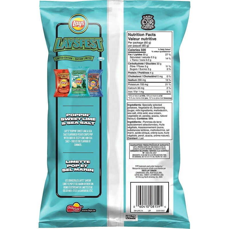 Lay's Poppin' Sweet Lime & Sea Salt Flavoured Potato Chips, 60 g.
